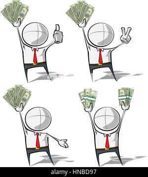 Satz von 4 spärlich Vektor-Illustrationen für eine generische Business-Cartoon-Figur, die Stapel von Geld hält. Stock Vektor