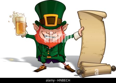 Vector Cartoon Illustration von St. Patrick Jubel mit ein Pint Bier, hält eine alte Schriftrolle. Stock Vektor