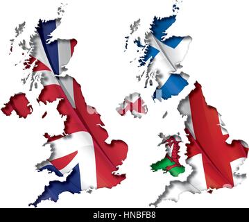 UK Karte Ausschnitt, sehr detailliert auf die Kante Schattierung, mit wehenden Fahnen unter. Die Settle Dicke an der Cut-out Grenze folgt die inneren sh Stock Vektor