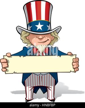 Clean-Cut, Übersicht Cartoon Illustration von Uncle Sam mit einem Schild. Stock Vektor