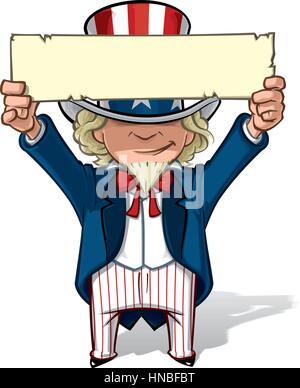 Clean-Cut, Übersicht Cartoon Illustration von Uncle Sam mit einem Schild über Kopf. Stock Vektor