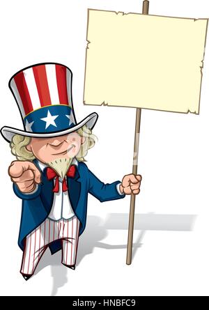 Clean-Cut, Übersicht Cartoon Illustration von Uncle Sam WWI Plakat klassisch mit dem Finger und halten ein Plakat. Stock Vektor