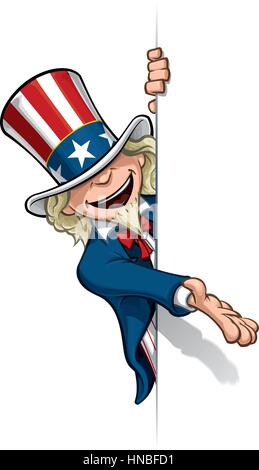 Clean-Cut, Übersicht Cartoon Illustration von Uncle Sam präsentiert eine Oberfläche [warten darauf gefüllt zu werden]. Stock Vektor