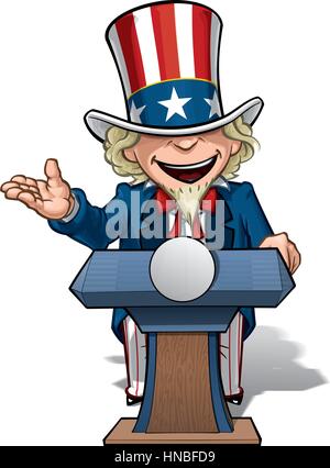 Vector Cartoon Illustration von Uncle Sam auf dem Podium, eine Rede mit einem offenen Ausdruck. Stock Vektor