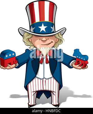 Vector Cartoon Illustration von Uncle Sam hält Mockups der Demokratischen Partei-Esel und der Republikanischen Partei Elefant-Maskottchen. Stock Vektor