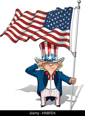 Vector Cartoon Illustration von Uncle Sam salutieren und hält eine wehenden amerikanischen Fahne. Stock Vektor