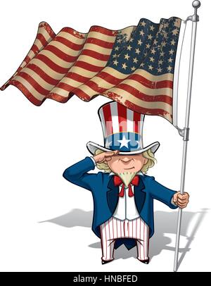 Vector Cartoon Illustration von Uncle Sam salutieren und hält eine 48 Sterne amerikanische Fahne. Dies war die US-Flagge während der Weltkriege und des Koreakrieges. Stock Vektor