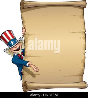 Vector Cartoon Illustration von Uncle Sam präsentiert eine Erklärung-wie Papyrus. Stock Vektor