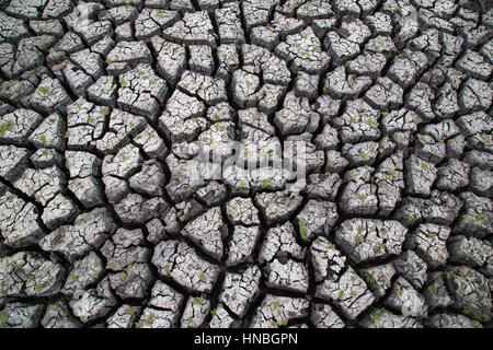 Abstrakte zeigt tief rissig Schlamm in einem ausgetrockneten Wasserloch in einer Dürre heimgesuchten Gegend in Ostafrika Stockfoto