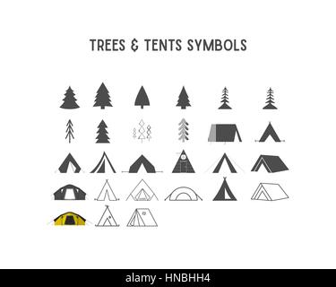 Bäume und Zelt Vektor-Formen und Elemente für die Erstellung Ihrer eigenen Outdoor-Etiketten, Hipster Retro-Patches, Abenteuer-Vintage Abzeichen, Logos zu reisen. SIL Stock Vektor
