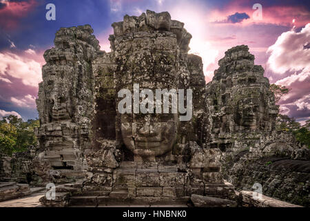 Stein-Gesichter der Bayon Tempel, Angkor Thom, Siem Reap, Kambodscha Stockfoto