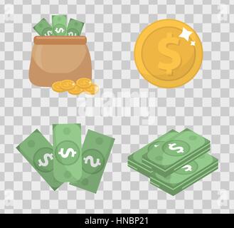 Geld und Münzen stellen Icons flachen Stil, isoliert auf transparentem Hintergrund. Vektor-Illustration. Stock Vektor