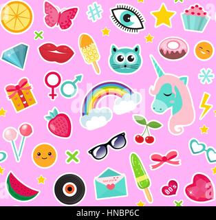 Mode nahtlose Muster des Patches 80er Jahre Comic-Stil. Pins, Abzeichen und Aufkleber Sammlung cartoon Pop-Art mit einem Einhorn, Regenbogen, Lippen, Emoji. Vektor-Illustration. Stock Vektor