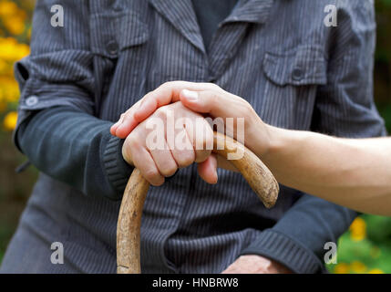 Des Arztes Hand hält eine faltige alte hand Stockfoto