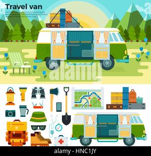 Van für die Reise flach Vektor-Illustrationen. Bus mit unterschiedlicher Ausstattung steht in der Nähe der Berge, touristische Werkzeuge, Thermoskanne, Koffer, Karte, Schaufel iso Stock Vektor