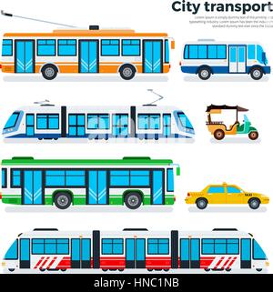 City Transport flach Vektorgrafiken. Urban Life-Konzept. Verschiedene Arten von Stadtverkehr, Taxi, Motorrad, Straßenbahn, u-Bahn, Straßenbahn und Busse ich Stock Vektor