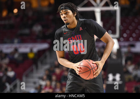 Philadelphia, Pennsylvania, USA. 9. Februar 2017. Southern Methodist Mustangs leiten BEN MOORE (0) gezeigt, während die amerikanischen Athletic Conference Basketball Spiel im Liacouras Center in Philadelphia gespielt wird. SMU schlagen Tempel 66-50. Credit: Ken Inness/ZUMA Draht/Alamy Live-Nachrichten Stockfoto