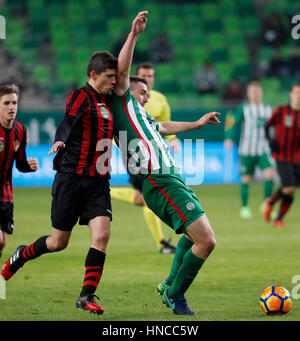 Budapest, Ungarn. 11. Februar 2017. BUDAPEST, Ungarn - Februar 11: Zsolt Laczko (L) von Budapest Honved Foulspiel von Daniel Bode (R) TC der Ferencvarosi während der ungarischen Pokal-Runde der 16 erste Bein Match zwischen Ferencvarosi TC und Budapest Honved Groupama Arena am 11. Februar 2017 in Budapest, Ungarn. Bildnachweis: Laszlo Szirtesi/Alamy Live-Nachrichten Stockfoto