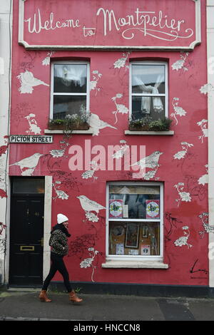 Bristol, UK. 11. Februar 2017. Streetart von Bristol basierte Künstler Alex an einer Hauswand in Montpelier Bereich gesehen wird. Einige Basis street Art Künstler in wurden Bristol spricht mit, rechtliche Spielräume street Art und Graffiti im Zuge des Bristol Bürgermeisters befugt saubere Straßen Kampagne. Bildnachweis: 1000 Worte/Alamy Live-Nachrichten. Stockfoto