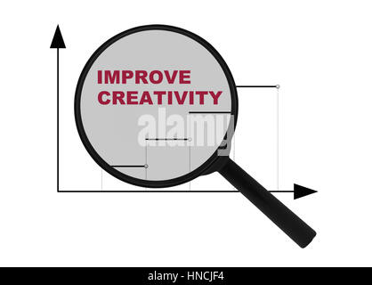 Lupe und Text verbessert Kreativität isoliert auf weißem Hintergrund Stockfoto