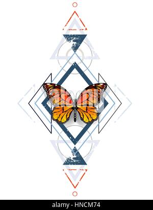 Symmetrische Muster von blauen Diamanten und grauen Dreiecke, dekoriert mit orange, exotische Monarchfalter auf weißem Hintergrund. Monarch. Gestalten Sie mit b Stock Vektor