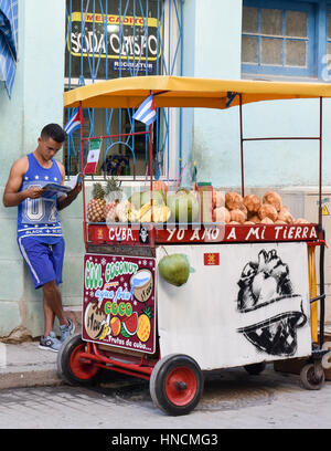 Obst Anbieter lesen Zeitung, Havanna Vieja Stockfoto