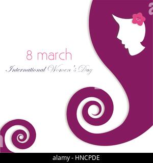 Internationaler Frauentag-Tag-Vektor-Illustration Mädchen mit langen Locken und eine Blume im Haar auf weißem Hintergrund Papierkunst Postkarte Vorlage Stock Vektor