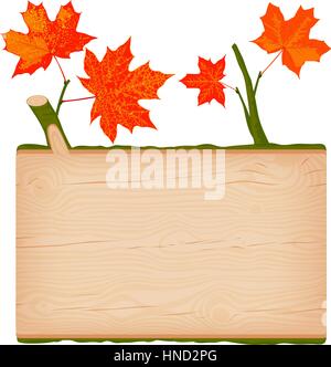 Strukturierte Ahorn Natur Holz rechteckigen Schild mit roten Herbst Blätter Vektor-illustration Stock Vektor