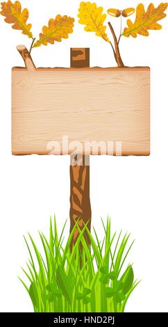 Eiche Holz rechteckigen Schild mit grünen Blättern auf einem Pfahl auf dem Rasen Rasen-Vektor-illustration Stock Vektor