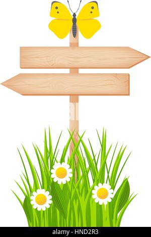 Aus Holz zwei Pfeile Schild mit Ästen und Rissen an einem Mast am Rasen mit Blumen und Schmetterling-Vektor-illustration Stock Vektor