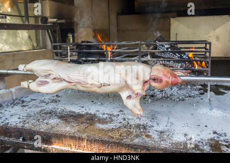 Spanferkel auf die Brosche in der Glut rösten Stockfoto