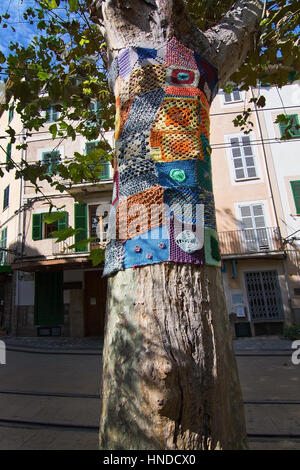 SOLLER, MALLORCA, Spanien - 2. Oktober 2016: Baum mit Stricken an einem sonnigen Tag am 2. Oktober 2016 in Soller, Mallorca, Balearen, Spanien. Stockfoto