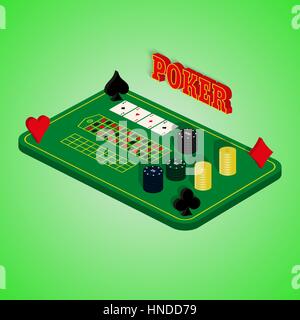 Casino auf einem grünen Hintergrund gesetzt. Spieltisch mit einer Kombination aus Karten, Chips, Geld. Four of a Kind. Vektor-Illustration für Ihr Design. Plakat, eine Stock Vektor