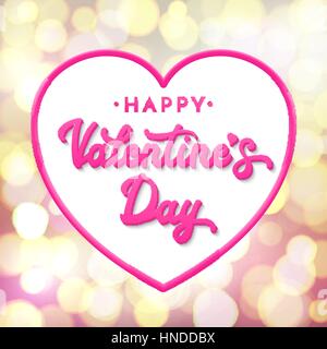 Happy Valentines Day. Schriftzug 3d Inschrift auf abstrakten Hintergrund mit unscharfen gold Bokeh-Leuchten. Feiern Grußkarte oder Banner mit rosa Herz geformten Rahmen. Schriftart-Vektor-Illustration. Stock Vektor