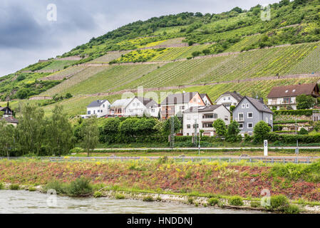 Lorch, Deutschland - 23. Mai 2016: Häuser und Weinberge bei bewölktem Wetter bei Lorch am Rhein, Hessen, Deutschland. Es gehört zum Weltkulturerbe Rhein Schlucht Stockfoto