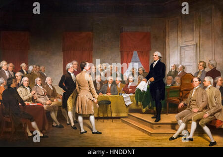 Unterzeichnung der Verfassung. George Washington bei der Unterzeichnung der US-Verfassung. Gemälde mit dem Titel „Washington as Statesman at the Constitutional Convention“ von Junius Brutus Stearns, Öl auf Leinwand, 1856. Das Gemälde zeigt den späteren Präsidenten George Washington auf dem Verfassungskonvent, der vom 25. Mai bis 17. September 1787 in Philadelphia, Pennsylvania, stattfand. Der Konvent schuf die Verfassung der Vereinigten Staaten. Stockfoto