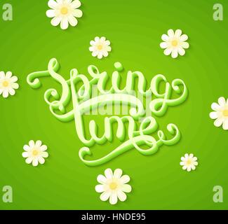 Frühling Typografie Titelkonzept in 3D mit langen Schatten dekoriert mit Blumen auf grünen Hintergrund. Realistische Vektor-Illustration Stock Vektor