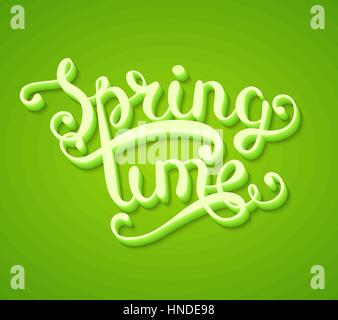Frühling Typografie Titelkonzept in 3D mit langen Schatten auf grünen Hintergrund. Realistische Vektor-Illustration Stock Vektor