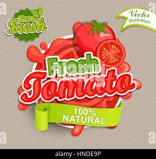 Frische Tomaten Logo Schriftzug Typografie Essen Beschriftung oder Aufkleber. Bauernmarkt, Bio-Lebensmittel, natürliches Produktdesign Konzept. Vektor-Illustration. Stock Vektor