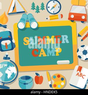 Sommer-Urlaub und Reisen unter dem Motto Summer Camp-Poster im flachen Stil, Vektor-Illustration. Stock Vektor