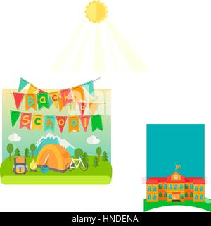 Zurück zur Schule - Vektor-flache Illustrstion mit Flagge und Gebäude. Stock Vektor