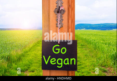 kleine Tafel mit den Worten gehen Vegan von Schlüssel vor einem grünen Feld hängen Stockfoto