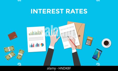 Abbildung des Zählens Zinssätze mit Papierarbeiten, Taschenrechner und Geld auf Tisch und blau Hintergrund Stock Vektor