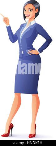 Schönes Lächeln auf den Lippen Geschäftsfrau in blauen formellen Anzug mit Finger zeigen nach oben. Cartoon-Vektor-Illustration isoliert auf weißem Hintergrund. Stock Vektor