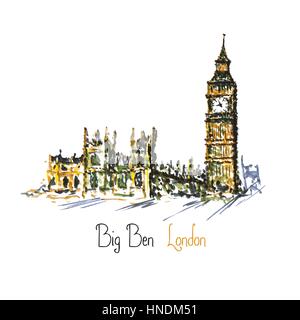 Aquarell Uhrturm Big Ben Palace of Westminster, London England UK Stock Vektor