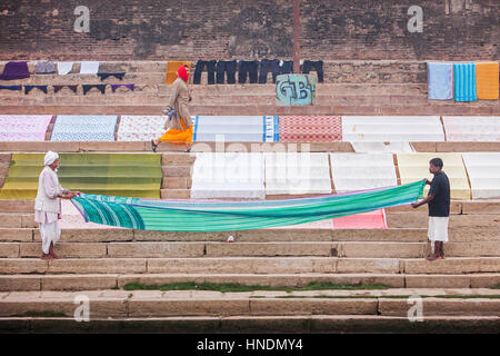 Pflege der Wäsche zum Trocknen, Dasaswamedh Ghat, im Fluss Ganges, Varanasi, Uttar Pradesh, Indien. Stockfoto