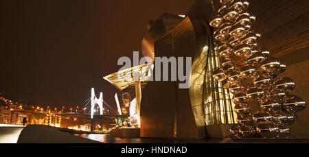 Nachtansicht des Guggenheim Museum Bilbao, das Museum für moderne und zeitgenössische Kunst, entworfen von dem Architekten Frank Gehry, mit Blick auf La Salve Brücke Stockfoto