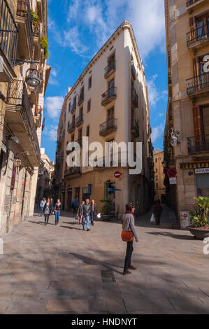 Gebäude an der Ecke der Placa de Sant Joseph Oriol im gotischen Viertel von Barcelona Stockfoto