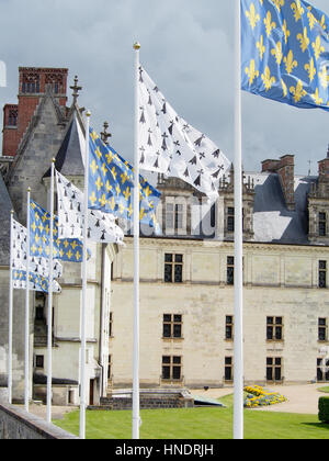 Flaggen der Fleur sportliche fliegen in einer Reihe vor dem Schloss von Amboise im französischen Loire-Tal. Stockfoto