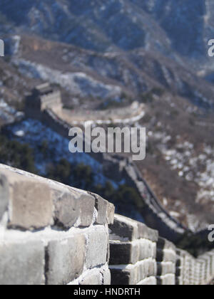 Eine geringe Schärfentiefe betont die Details der Great Wall Of China. Stockfoto